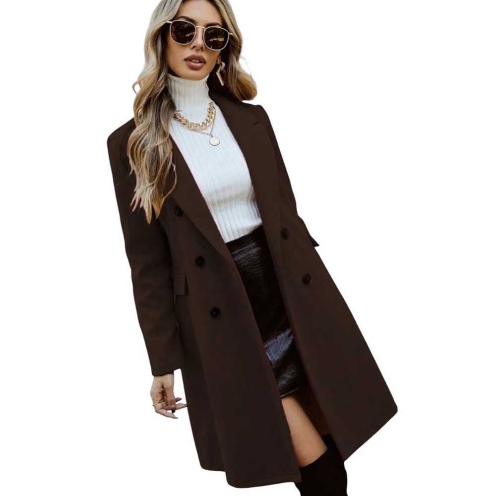 Women’s Chocolate Brown Long Sleeve Double Breasted Lapel Collar Pea Cost SZ S